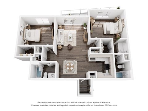 Floor plan for 2 beds, 2 baths, 1127 sqft